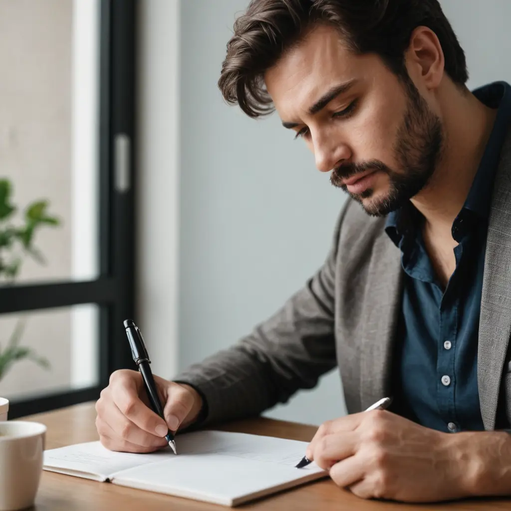 كاتب يكتب مقالا وبيده قلم وورقه يفكر ويتأمل