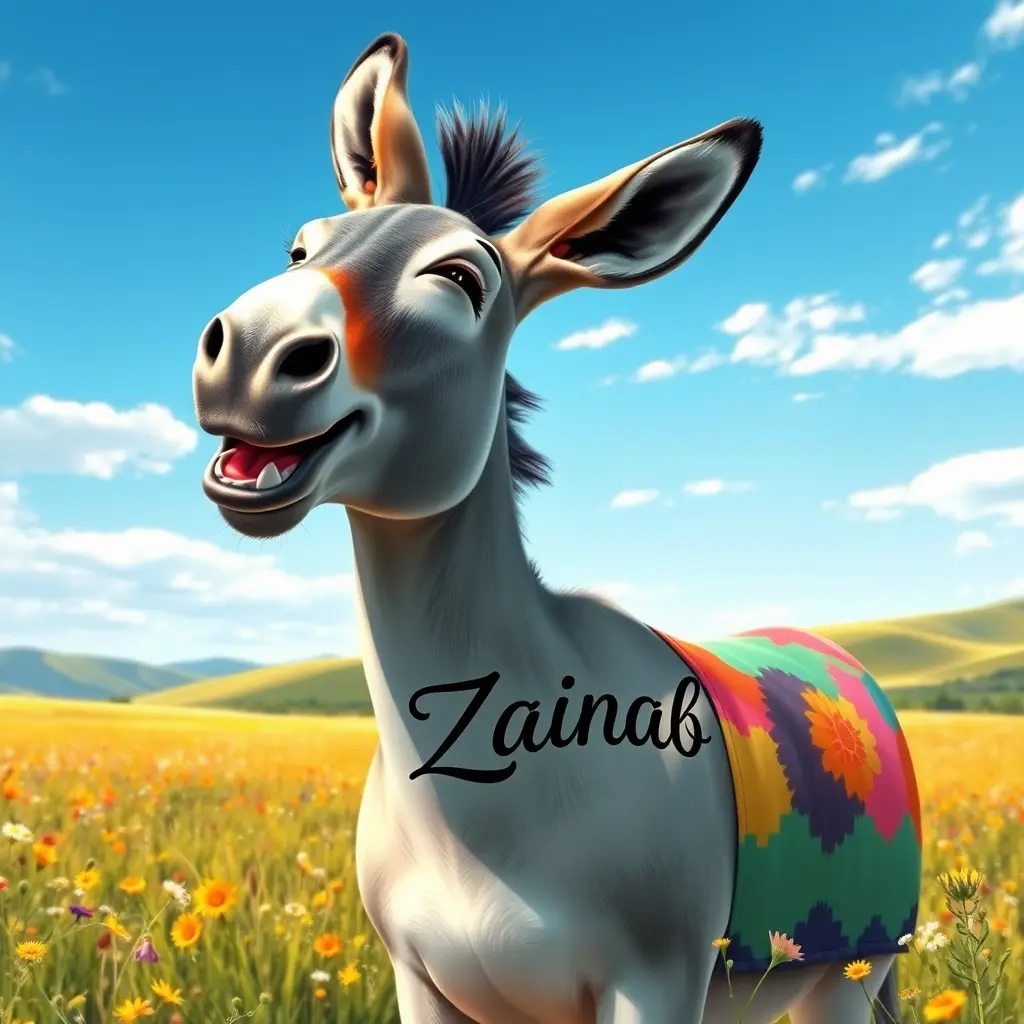 حمارٌ ذو تعبيرٍ مرح، يضحك من أعماق قلبه كما لو كان يستمتع بنكتةٍ طريفة. يرتدي الحمار قميصًا ملونًا يحمل اسم زينب بخطٍّ أنيق على صدره. المشهد حقلٌ مفتوحٌ تحت سماءٍ زرقاء صافية، مع زهورٍ بريةٍ زاهيةٍ وتلالٍ متدحرجةٍ هادئةٍ في الخلفية. ينضح المشهد بأجواءٍ مرحةٍ ومبهجة، تجسد جوهر المرح والبهجة. رُسمت الصورة بأسلوب لوحةٍ رقميةٍ بألوانٍ ناعمةٍ زاهيةٍ وإضاءةٍ ديناميكيةٍ تُبرز ضحكة الحمار.