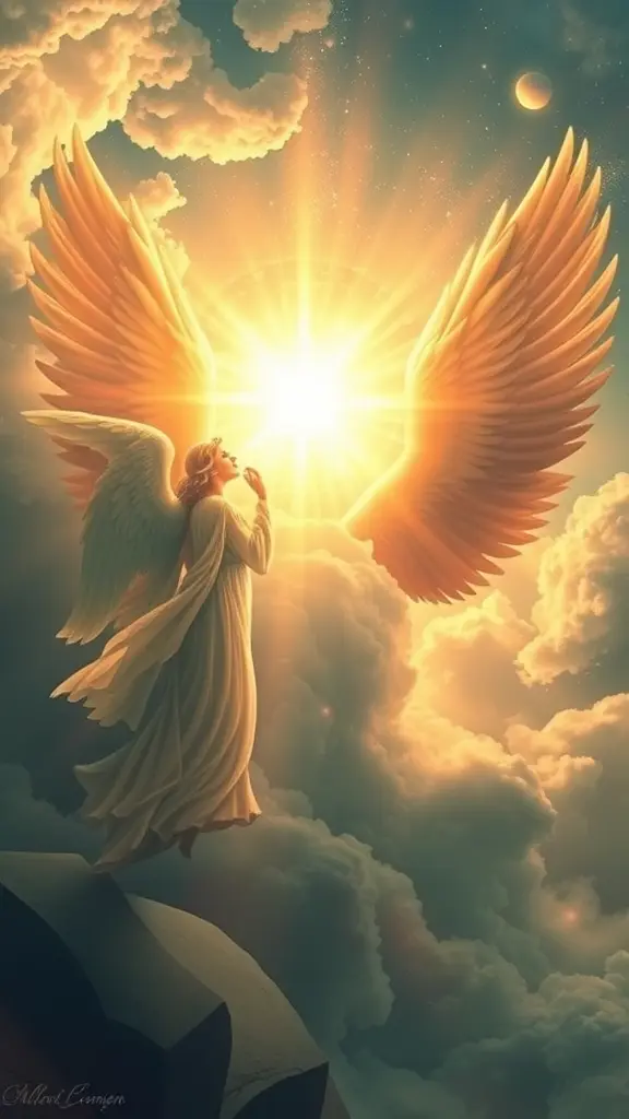 "Write a powerful poetic description of angels speaking in awe about the voice of God. The angels are overwhelmed, their wings trembling, their hearts filled with light. They say that the voice of God is more majestic than thunder, softer than the breeze, and beyond all human imagination. Their words should express both fear and love, power and peace, describing how creation itself bows when His voice is heard."