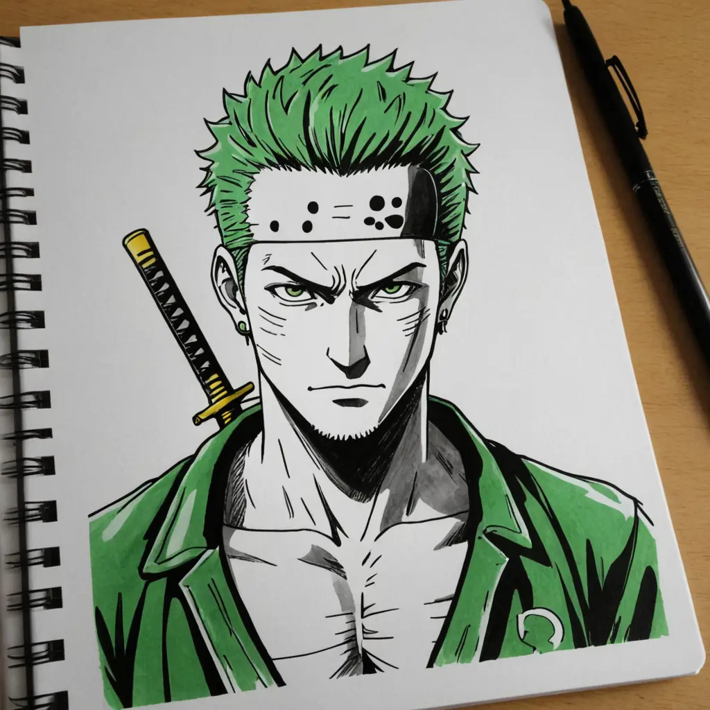 ارسم لي شخصية زورو من انمي ون بيس مع  على ورق دفتر بطريقه يدويه بالقلم الاسود