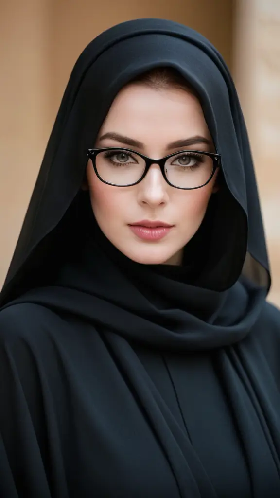 امراة محجبة بيضاء البشرة عيناها واسعة شفاهها متوسطة ترتدي عباءة سوداء جميلة و خمار طويل و ترتدي نظارة