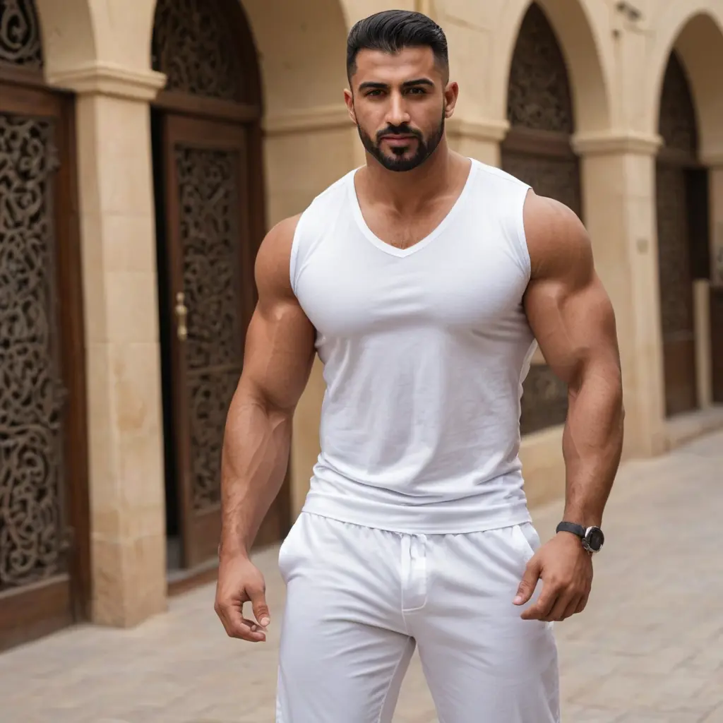 رجل عربي لديه عضلات ضخمة وقوية جدا ووسيم جدا يلبس الملابس الداخلية البيضاء الفانيلة والسروال العربيتين من متجر الأصيل للملابس الرجالية