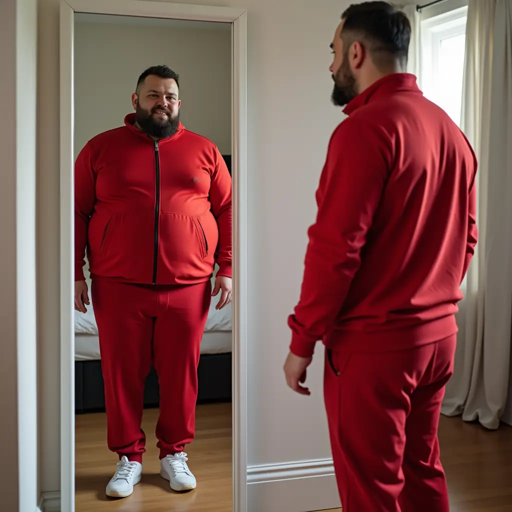 انشئ صورة لشخص سمين ينظر للمراءه وانعكاسه انعكاس نفس الشخص ولكن نحيف جدا
يرتدي في الاصل والانعاكاس نفس الملابس
بدلة رياضيه حمراء اللون وحذاء رياضي ابيض
والمكان غرفة نوم