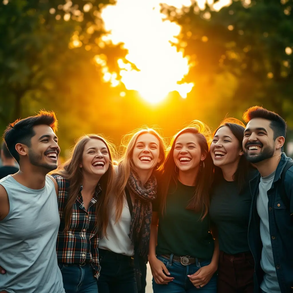 مجموعة أصدقاء مختلفين يضحكون تحت ضوء الغروب الذهبي، تصوير بفتحة عدسة واسعة وعمق ضحل، في حديقة بالمدينة