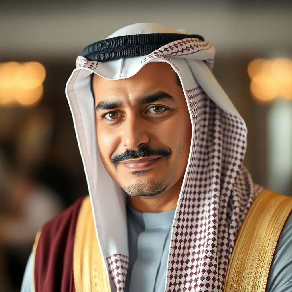 رجل سعودي  لابس ثوب وسيم معضل لديه شنب ولحيه خفيفه وشعره ناعم وقصير 