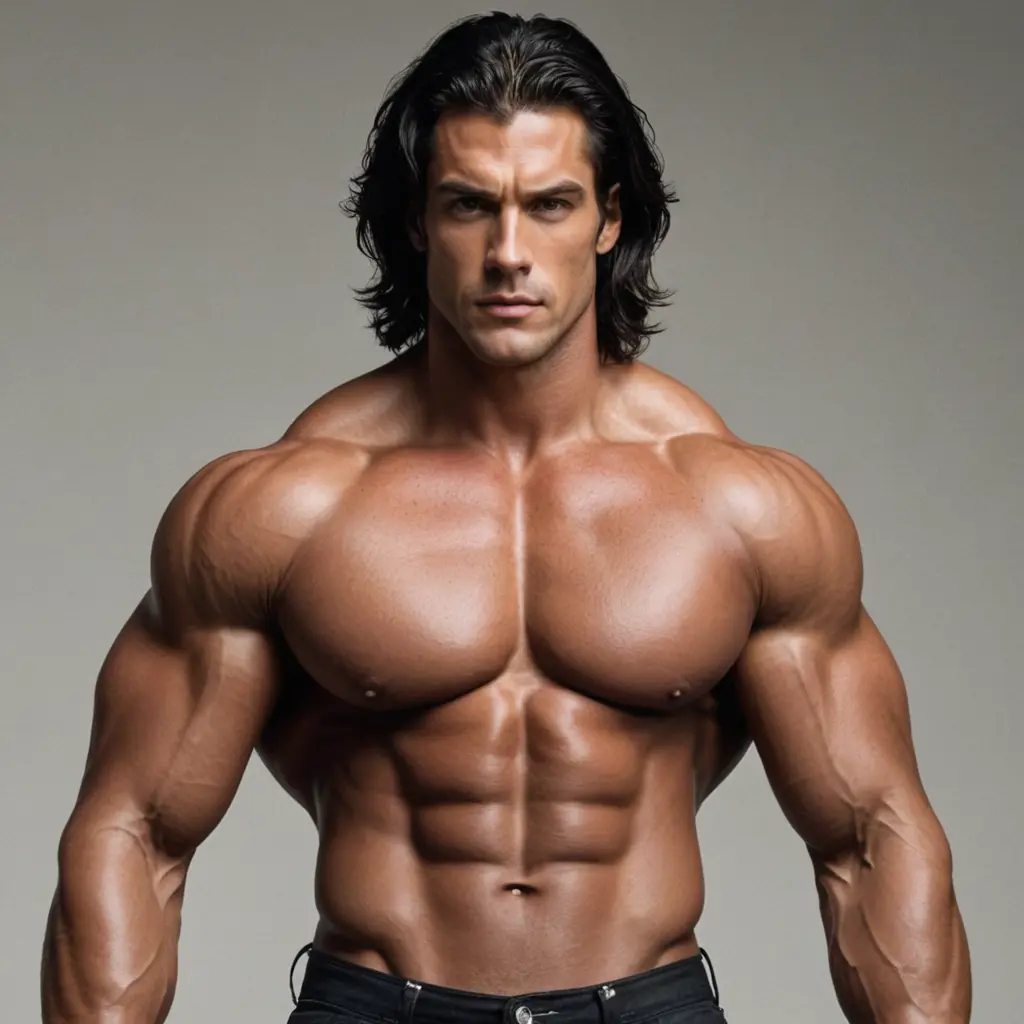 رجل طويل وجسمه عضلي ضخم
وشعره اسود كثيف وعيناه سوداوان