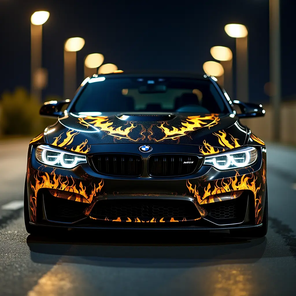 سياره BMW سوداء مع عليها رسومات مرعبه مع اضاءه زهبيه عليها و يكون في الليل من منظور واسع