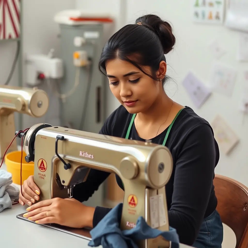 عامل خياطه جالس على ماكينه