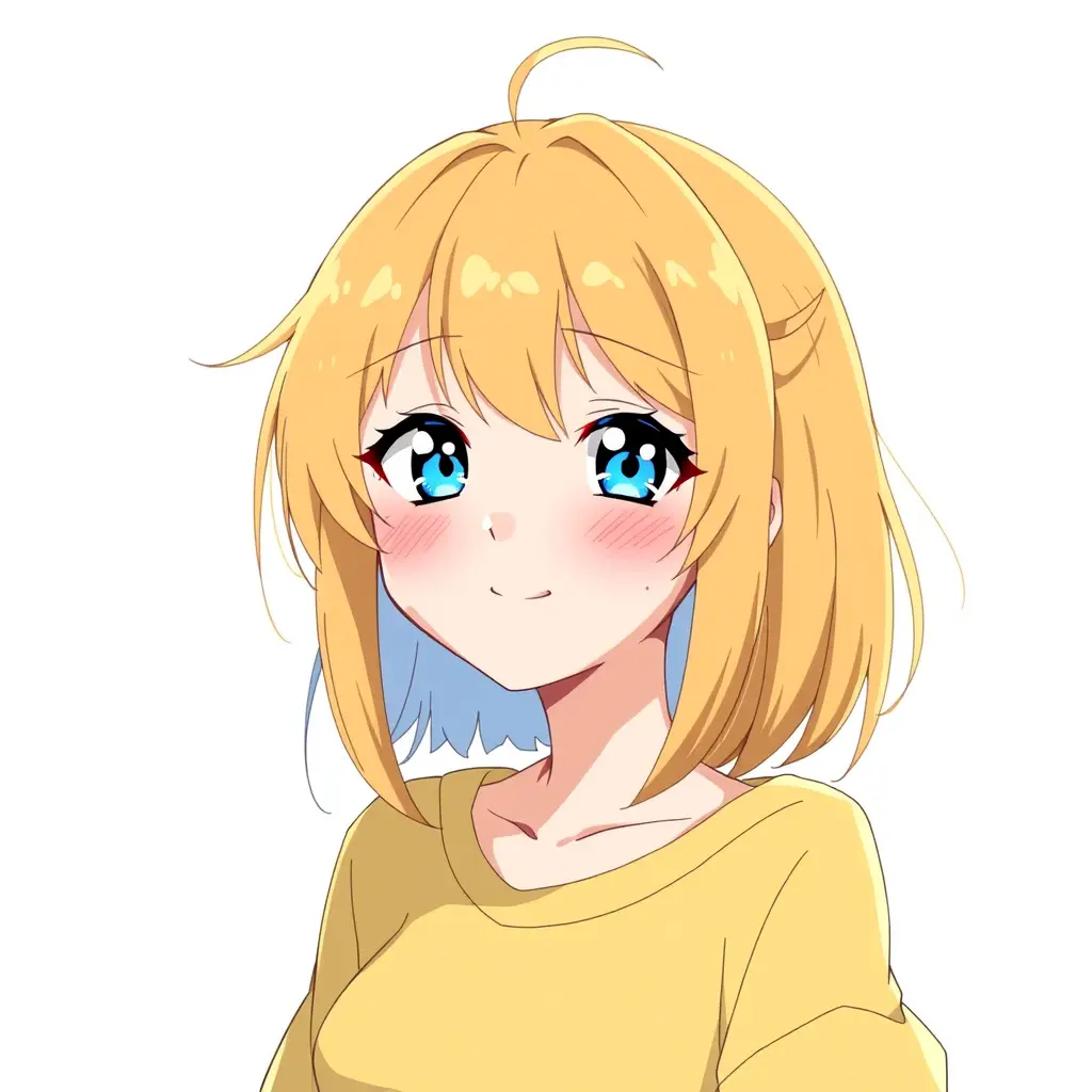 فتاة انمي شعرها أصفر وعيونها زرقاء ومريحة تبتسم