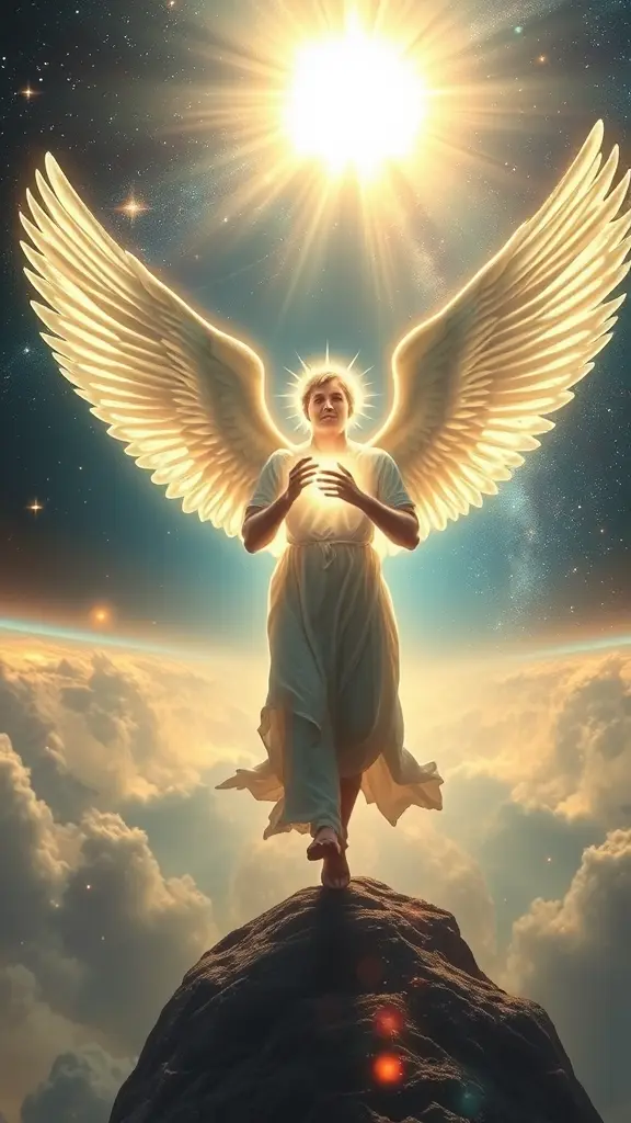 A powerful, mysterious scene showing the Archangel Jibril (Gabriel) traveling through the ages. He appears as a radiant being made entirely of divine light, his massive glowing wings stretched behind him. His face is pure light — no human features, only a sacred glow.
As he moves forward, the background shifts through time — ancient celestial realms, ethereal landscapes of paradise, galaxies forming and fading — symbolizing the passage of countless ages. Each step leaves behind glowing traces, as if time itself bends around him.
The atmosphere is deeply spiritual, dramatic, and surreal. Cosmic lights swirl around him, and the skies shift from dark blues to golden light. This moment captures Jibril not bound by time, but gracefully and powerfully passing through eternity, carrying divine purpose and mystery.