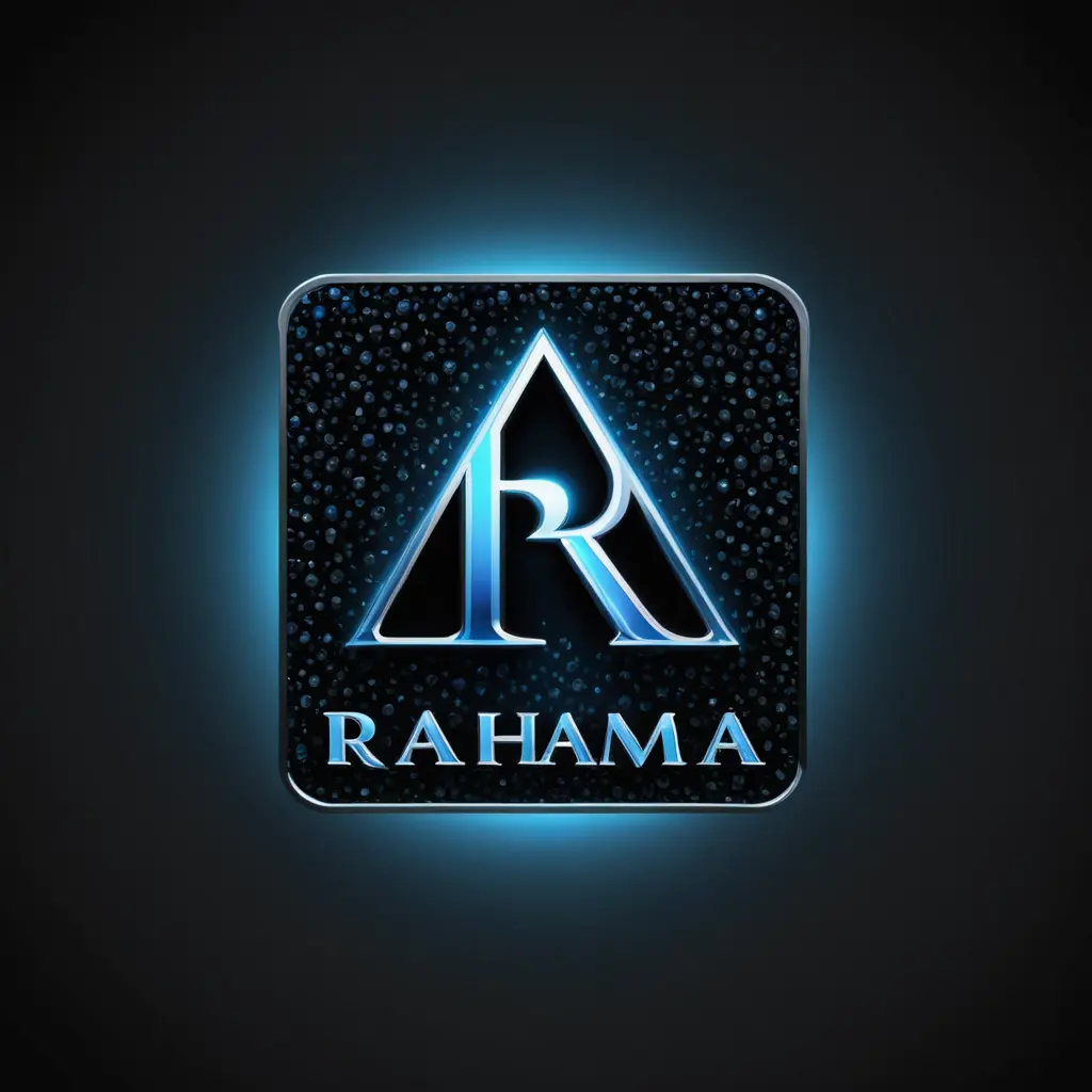 تصميم شعار باسم RAHMA،  معمول بالماس ازرق اسود ،خلفيه سوداء ،خلف الحرف ضباب ازرق بالاضاءة 