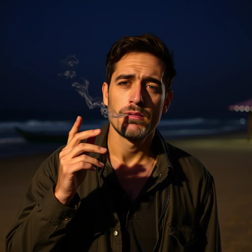 صوره لرجل متعب يدخن امام الشاطى في الاليل