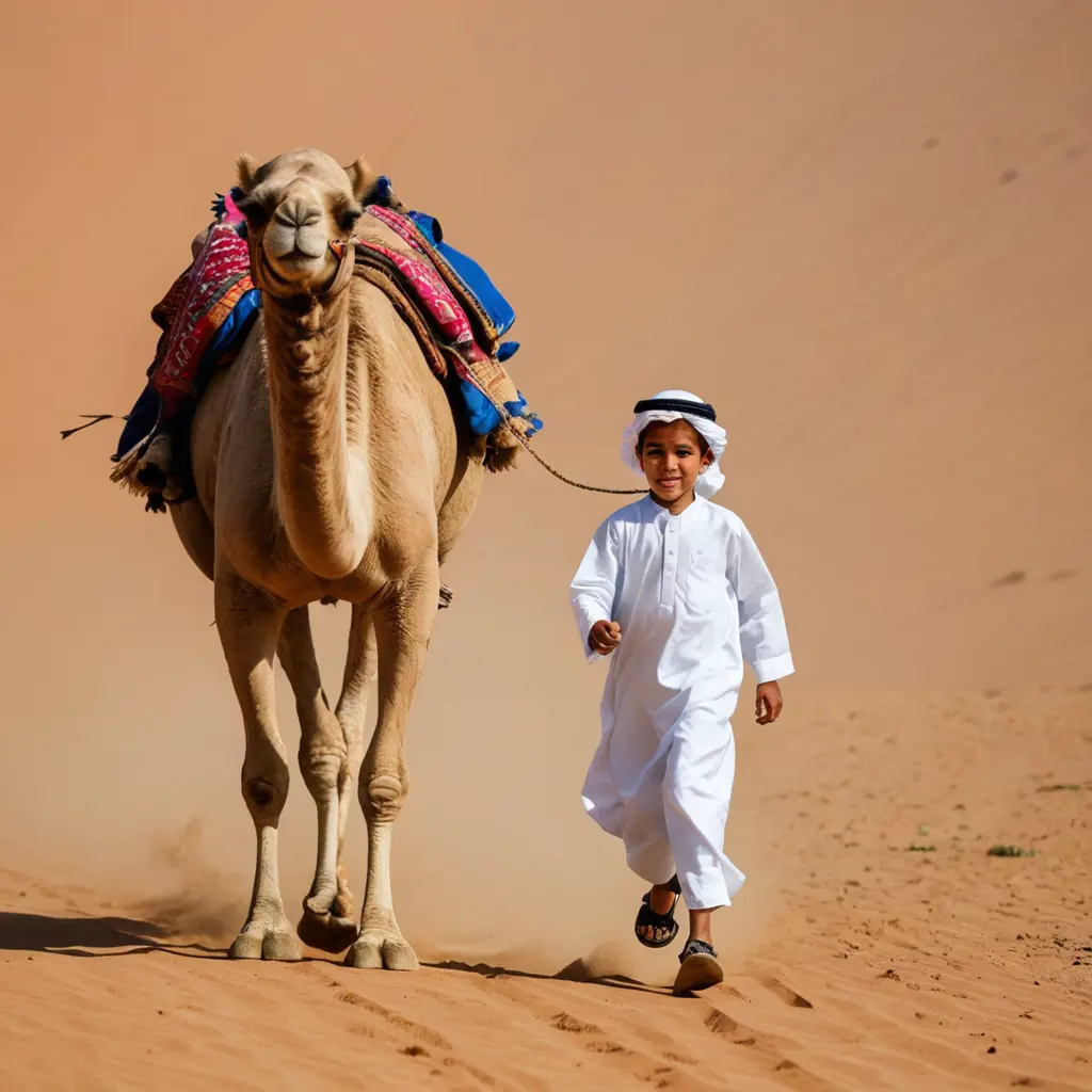طفل سعودي يمتطي جمل، والجمل يركض بسرعة فائقة