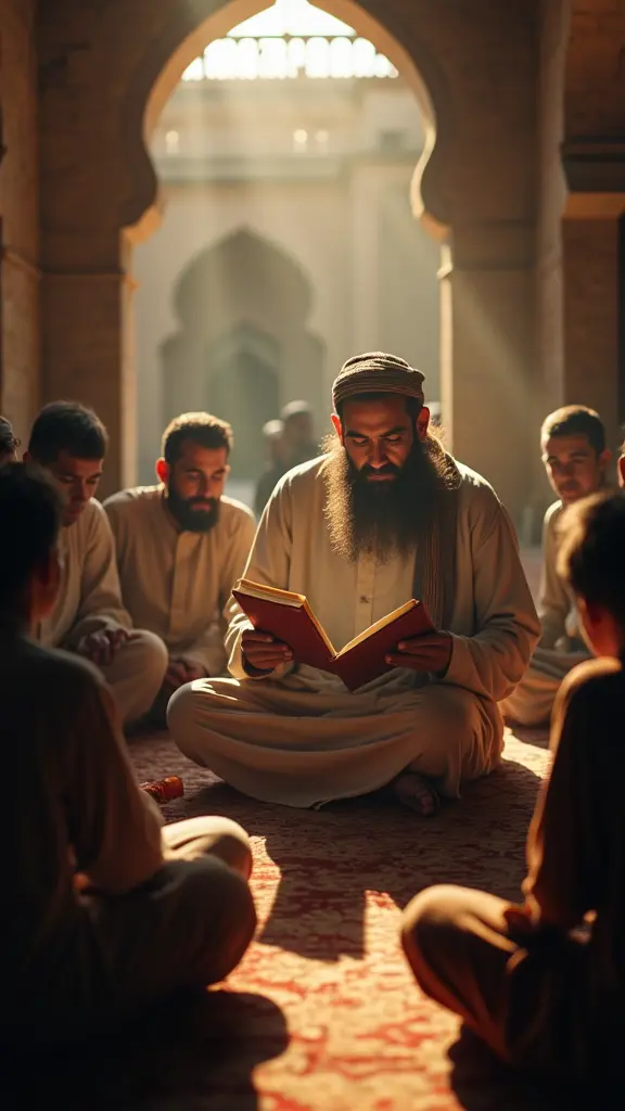 مجموعة من الصحابة يجلسون حول رجل يسجل ويحكي للناس ووجه يشع نور في مجلس بسيط ومضيء بضوء الشمس النافذ من سقف مسجد المدينة. لرجل يتحدث بهدوء، ووجوه الصحابة مملوءة بالإنصات والتركيز.