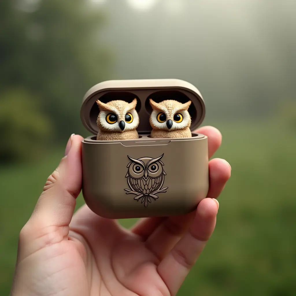 سماعة AirPods على شكل بومة . تصميم منتج واقعي لسماعات لاسلكية تبدو كأنها بومتان صغيرتان تجلسان داخل علبة شحن. العلبة بلون بني ترابي بملمس مطفي أنيق، ويظهر على واجهتها شعار بومة مطبوع. البومتان تتميزان بعيون صفراء حادة وريش مفصل بدقة، ما يمنحهما مظهرًا واقعيًا ولطيفًا في الوقت نفسه. العلبة ممسوكة باليد في مكان خارجي، وخلفيتها خضراء ضبابية ناعمة تخلق إحساسًا طبيعيًا وأنيقًا."