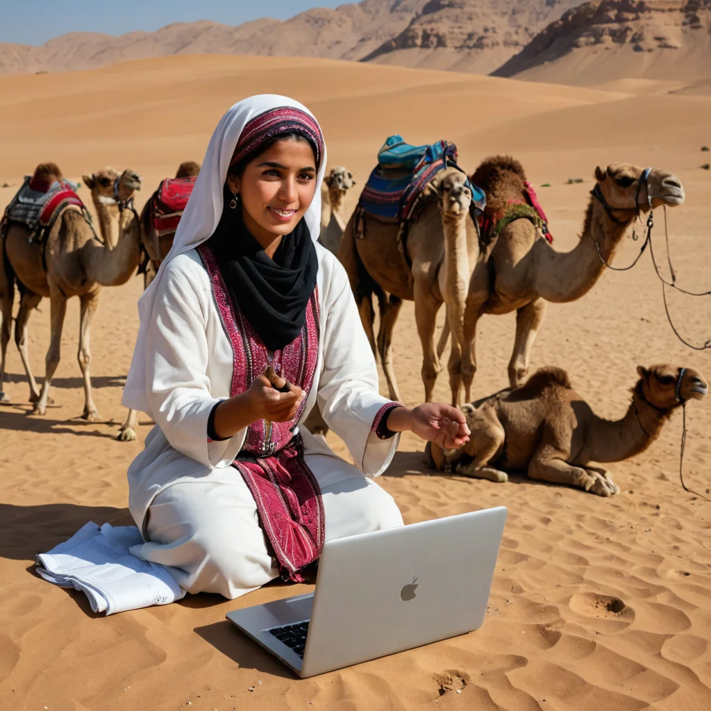 صورة بنت بدوية ترعي الابل ومعه لابتوب تقدم برنامج