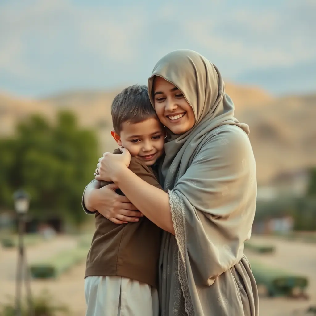 اصنع لي صوره ام تحضن ابنها في مكان مجهول بشكل ودي صوره تكون صالحه للتصميم على قران تكون بقوات فور كي