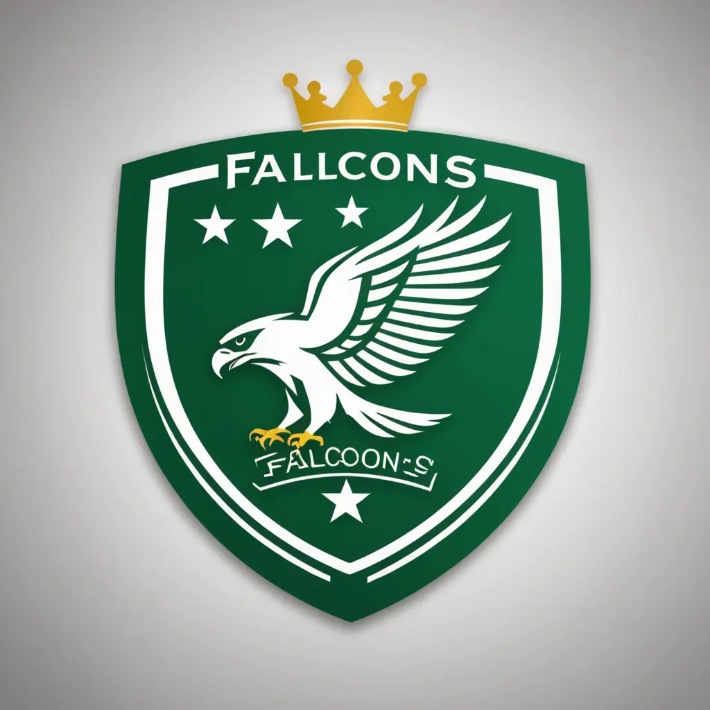 شعار نادي كرة قدم ، مصنوع ب اللون الأخضر و الأبيض ، اساس الشعار الصقور ، اسم النادي فالكونز ، شعار بسيط و مبتكر ، فوق الشعار تاج و نجمتين