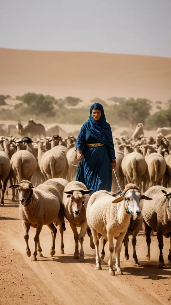 امرأة بدوية ترعى الغنم وتقود حمارا أغبر وجنبها كلب سلوقي وقطيع من الأغنام وجمل