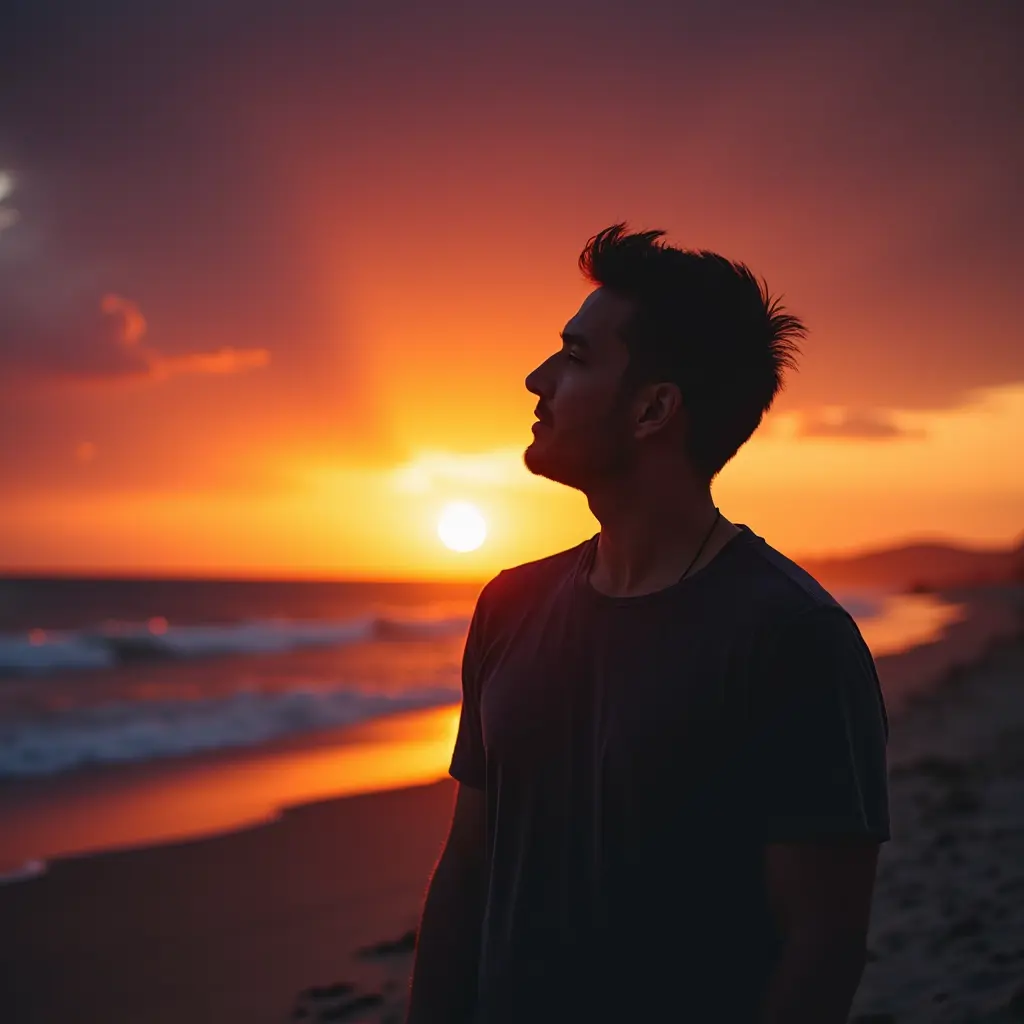 ظل رجل أمام غروب الشمس، سماء خلابة، تصوير بزاوية واسعة، تباين قوي، ألوان برتقالية وأرجوانية زاهية، على الشاطئ