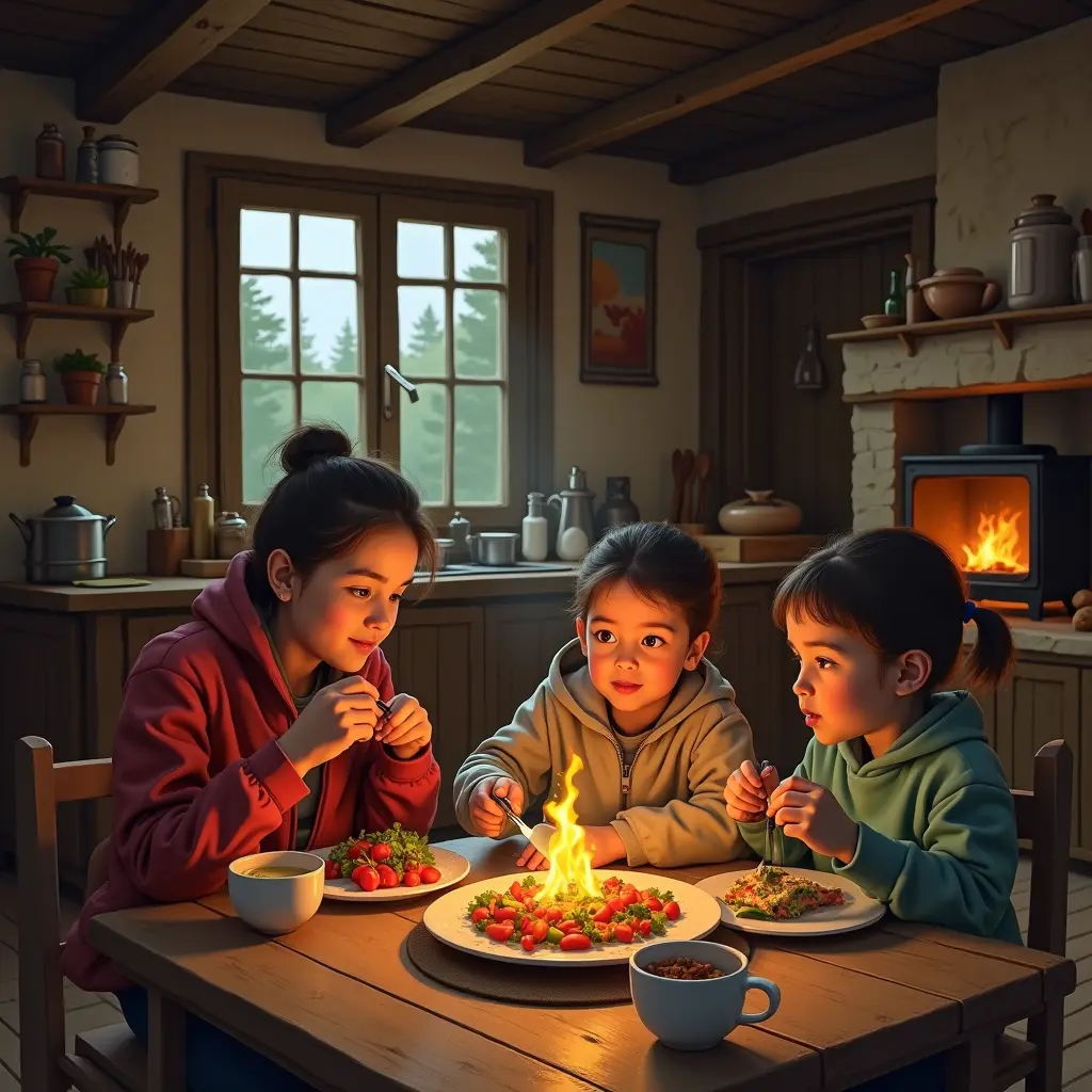 صور معبره عن عائله تأكل الطعام في منزل دافئ في كوخ