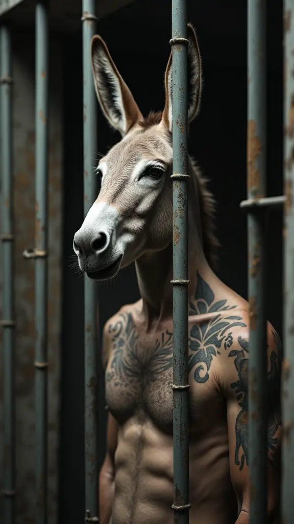 بشري براس حمار يكون في السجن خلف القطبان ليقف باستقامه ويكون قوي جدا وموشم على جسده او شان السجون ويكون جميل براسه راس الحمار وجسده البشري