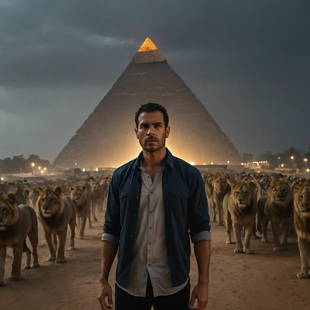 صورة راجل يقف بتحدي ملامح مصرية ويوجد اسود شرسة في كل مكان حول الرجل وخلفه برج اهرامات الجيزة في اضاءة ليلية و المطر يمطر بغزارة في مشهد سينمائي