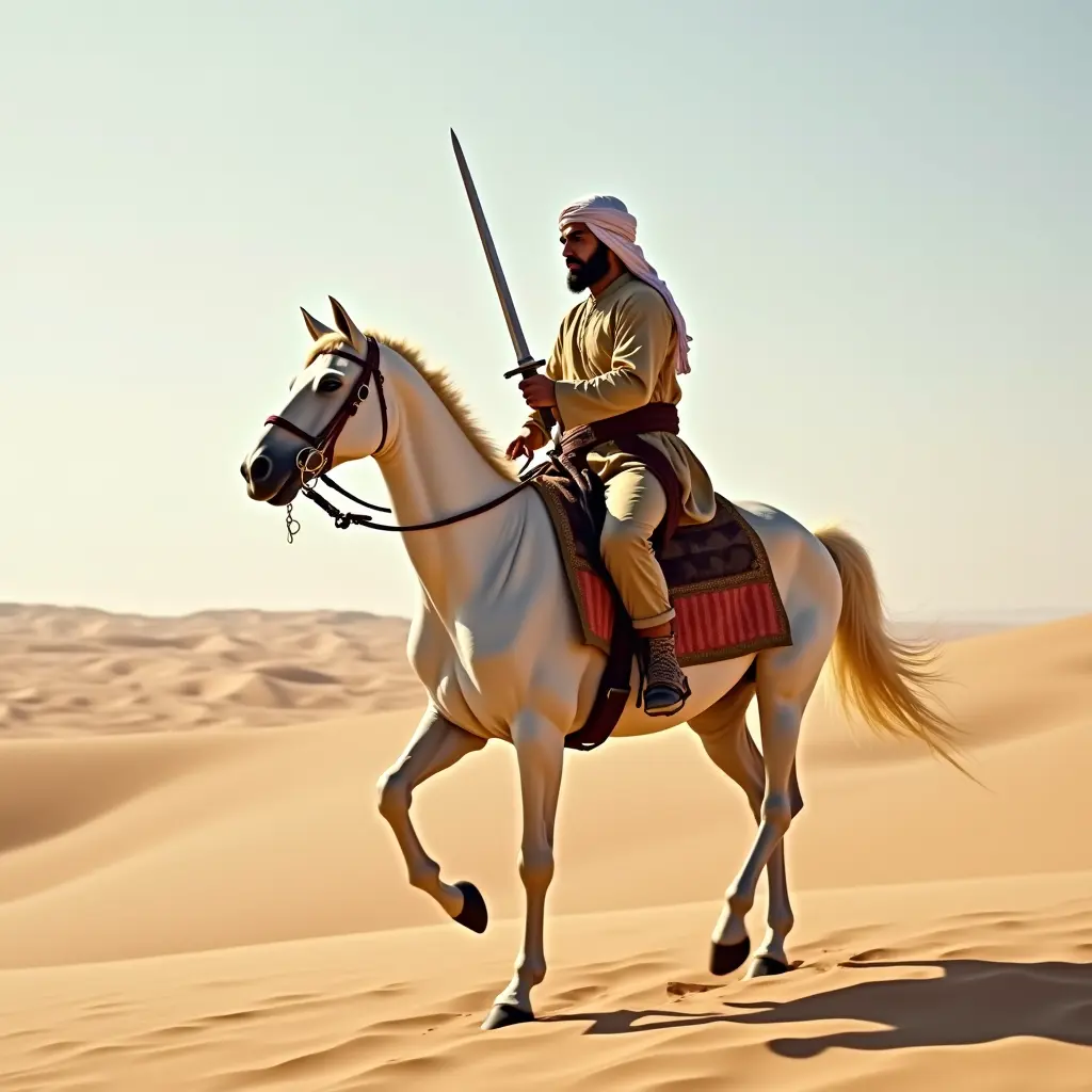 صورة رجل عربي يركب حصان أبيض بيده سيف في الصحراء