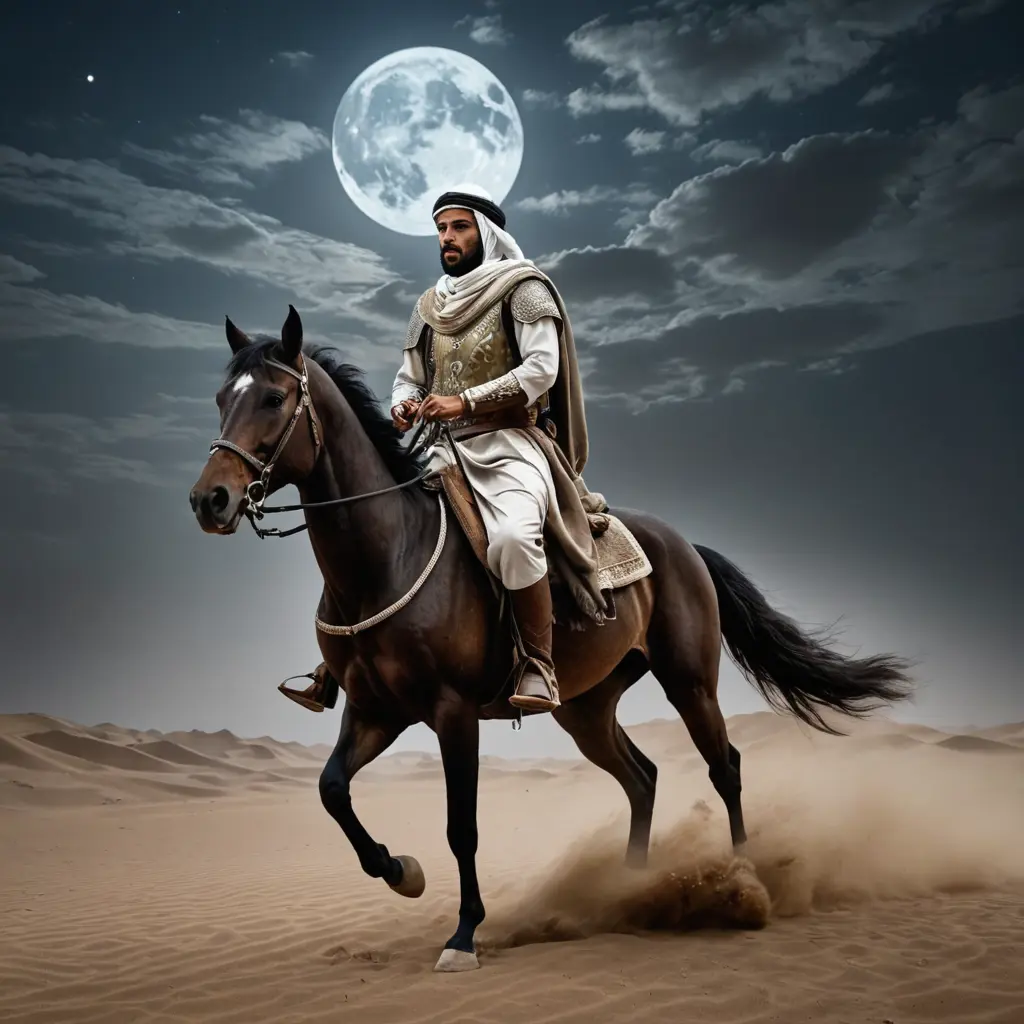 صورة لعربي مقاتل قديم ايام الدوله العباسية بلبس القتال راكب علي، حصان وبالصحراء وليله مقمرة وغيوم