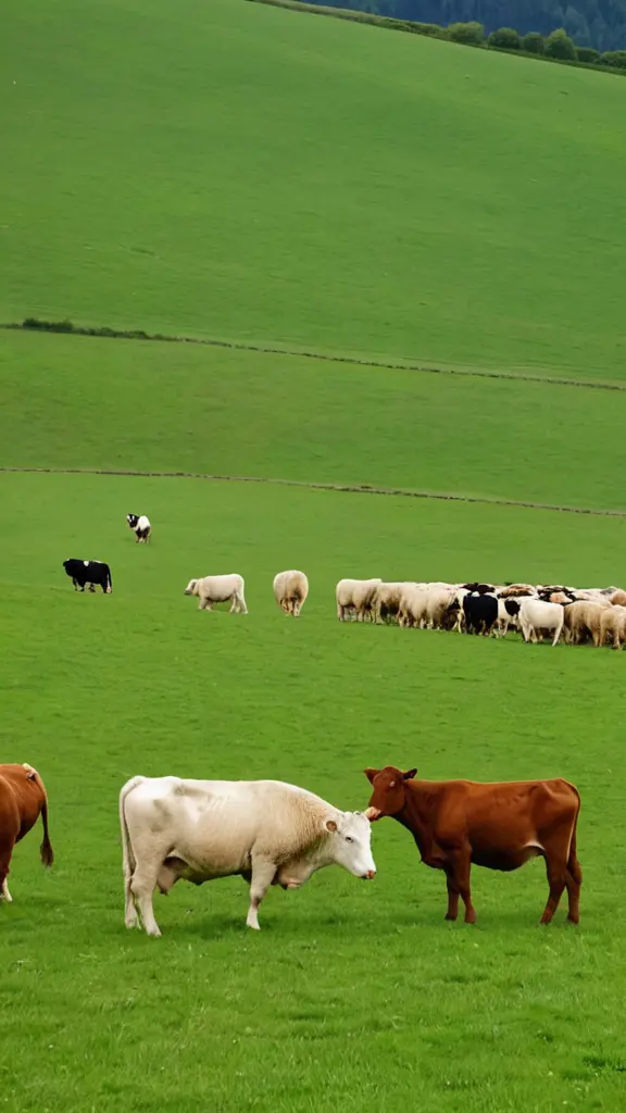 مجموعة أبقار وأغنام كثيرة في المراعي على حقول خضراء