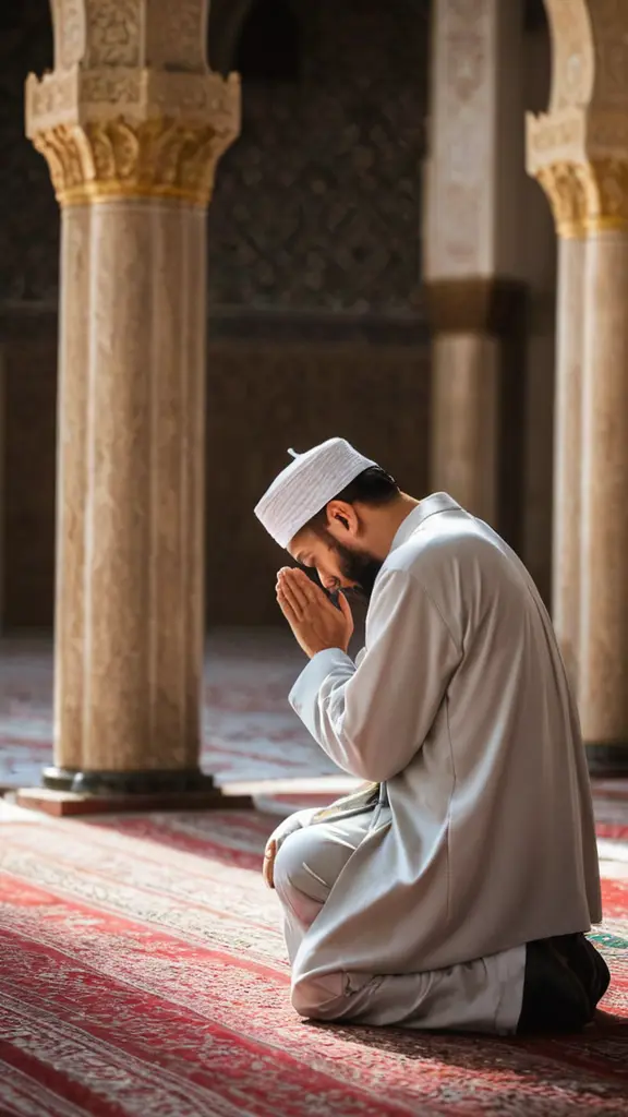 رجل يدعو الله في المسجد وهو متجه للقبلة