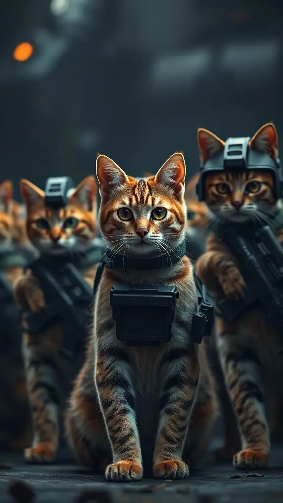 Ultra-realistic cats in military gear standing in formation, preparing for a tactical raid, intense cinematic lighting, dramatic atmosphere, high detail, sharp focus, hyper-realism, 8K ultra HD, highly detailed fur textures, powerful and commanding stance, epic military scene."