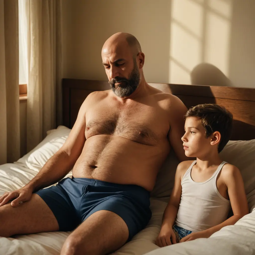 رجل أصلع في الخمسينيات من عمره، ذو لحية كثيفة وملامح سعودية مميزة، يرتدي سروال سباحة أزرق داكن، يرقد على سريره. بجانبه، ينام ابنه ذو الخمسة عشر عامًا، مرتديًا سروال سباحة أبيض، بسلام. تغمر الغرفة ضوء ذهبي دافئ من شمس الغروب المتدفقة عبر النافذة. شعر صدر الرجل بارز، وبطنه ممتلئ قليلاً ولكنه فاتح، مما يزيد من هدوءه. ينضح المشهد بشعور من الهدوء المنزلي والدفء العائلي. بأسلوب لوحة زيتية واقعية، يلتقط اللحظة بتفاصيل حية بتركيز حاد وإضاءة طبيعية. (فيديو) تتحرك الكاميرا ببطء عبر الغرفة، مركزةً على الأب والابن وهما يتشاركان هذه الأمسية الهادئة معًا.