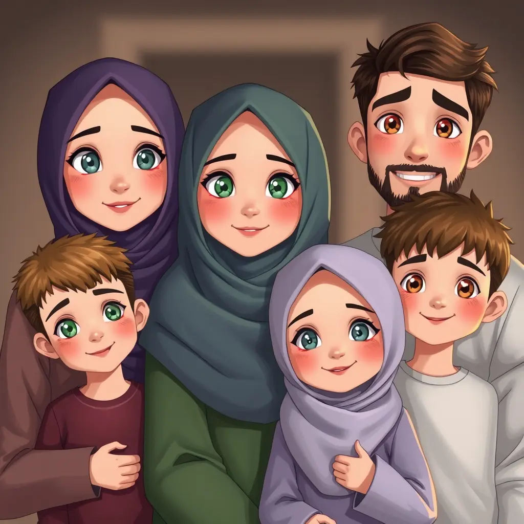 انمي عائلة من خمس افراد الام محجبة و الاب له عيون خضراء طفلين ذكور و طفله