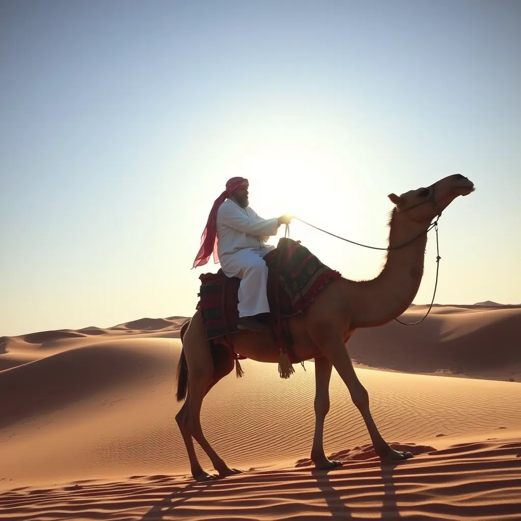 رجل مغربي أمازيغي راكب على جمل في الصحراء المغربية