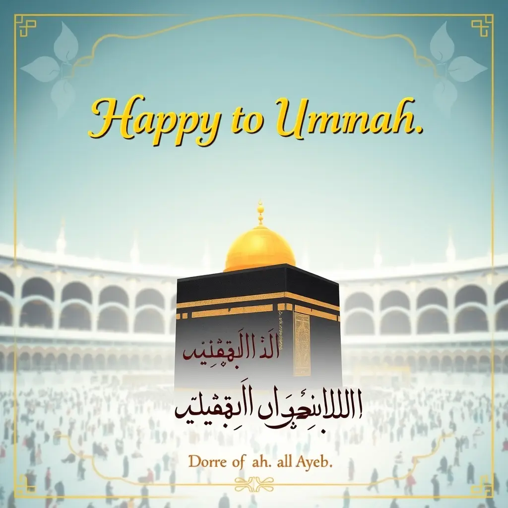 بطاقة تهنئة بمناسبة العمرة مع صور للكعبة حقيقية واسم مكتوب بالغة العربية القديمة دورصاف العايب