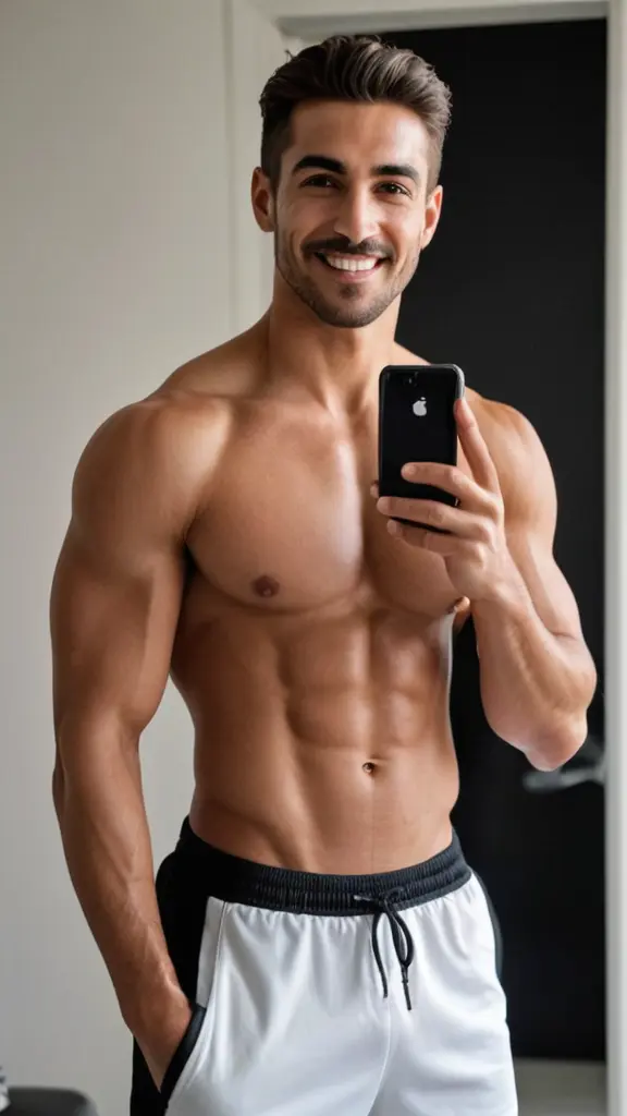 صورة واقعية فوتوغرافية لرجل نحيف وعضلي ملامحه عربية يقف أمام مرآة. بشرته قمحية، عيناه واسعتان بنيتان، حواجبه كثيفة، وله لحية خفيفة وشنب أسود كثيف ومرتب. شعره أسود مائل للبني، كثيف لكن غير مرتب. أنفه صغير وشفاهه نحيفة حمراء. يبتسم ابتسامة لطيفة للكاميرا، مرتديًا شورت كرة سلة أسود وأبيض مع تيشيرت ابيض ضيق يوضح عضلاته . بيده اليمنى جوال آيفون 16 برو ماكس تيتانيوم، وتعكس جمالية اللحظة بكل ثقة وبساطة.يرتدي سماعة رأس بلوتوث
