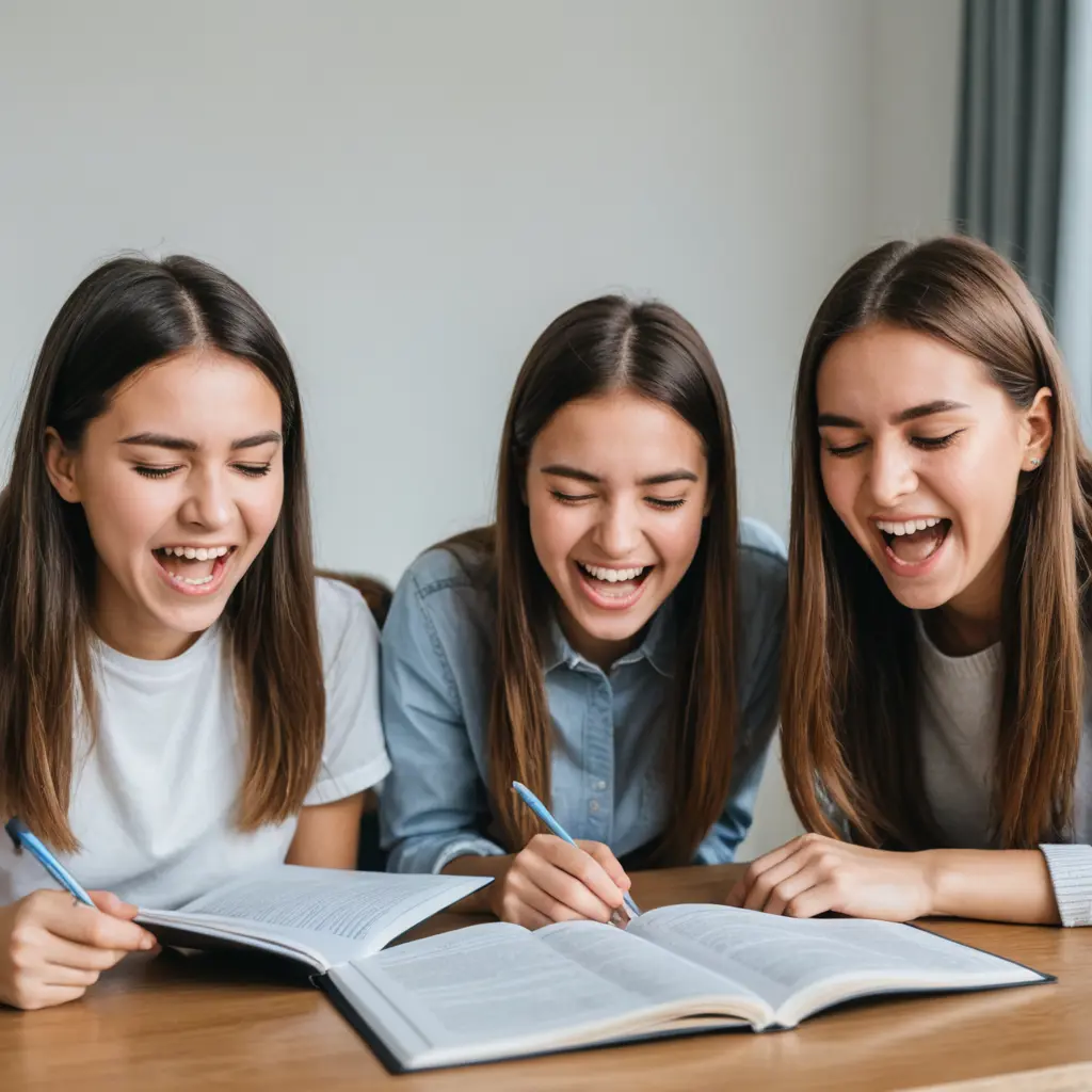 صورة لثلاث بنات يقرأن الامتحان وفي حالة ضحك هستيرية