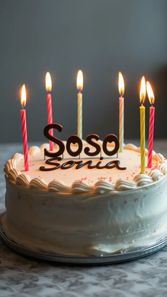 Birthday cake with Soso Sonia written on it, decorated with lit candles