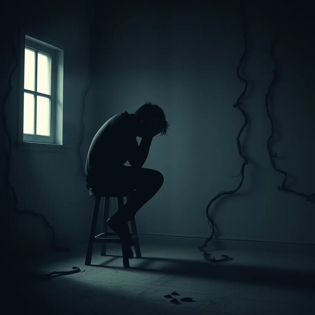 Here’s the prompt to generate a similar image focusing on the left side of the design, symbolizing depression:
"Create a dark, moody indoor setting with a single small window emitting faint light. A silhouetted figure sits hunched over on a wooden stool, holding their head in despair. Dark vines and tendrils emerge from the figure, spreading across the walls and floor, symbolizing entrapment and negative thoughts. The environment should feel suffocating and isolating, with muted colors and a gritty, textured floor. The overall mood should convey hopelessness and inner turmoil."
