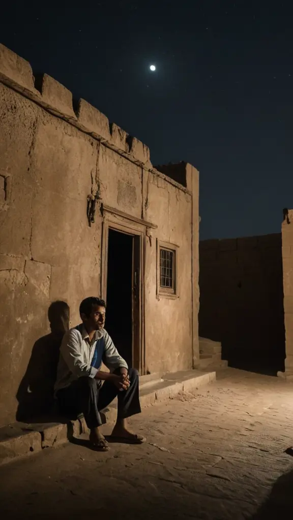 رجل جالس امام بيت قديم في اليمن تحت ضوء القمر في الليل