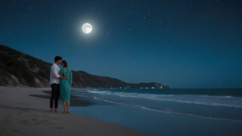 "مشاهد رومانسية حالمة تحت ضوء القمر المكتمل في سماء صافية مرصعة بالنجوم. شاب وفتاة يسيران على شاطئ هادئ، البحر يعكس ضوء القمر بأمواج خفيفة. في لحظات أخرى، يظهر الشاب ينظر إلى السماء بتأمل، بينما تنعكس النجوم في عينيه. الفتاة تبتسم بخجل وتلتف بشال خفيف مع نسيم الليل. تظهر لقطات لهما يضحكان معًا، وأخرى يشاهدان القمر معًا من على تلة خضراء. الإضاءة ناعمة ودافئة، مع تدرجات ألوان زرقاء وفضية تملأ المشهد، لتُبرز أجواء الحلم والرومانسية. الموسيقى الخلفية حالمة، تتماشى مع أغنية عربية رومانسية عن القمر والحب."