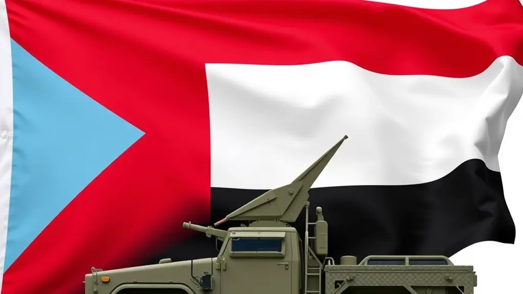 اعطني صوره علم جنوب اليمن احمر من فوق ابيض من الوسط واسود من الاسفل مثلث ازرق فاتح على يسار العلم ونجمه حمراء في وسط المثلث مرفوع فوق عربة عسكرية
