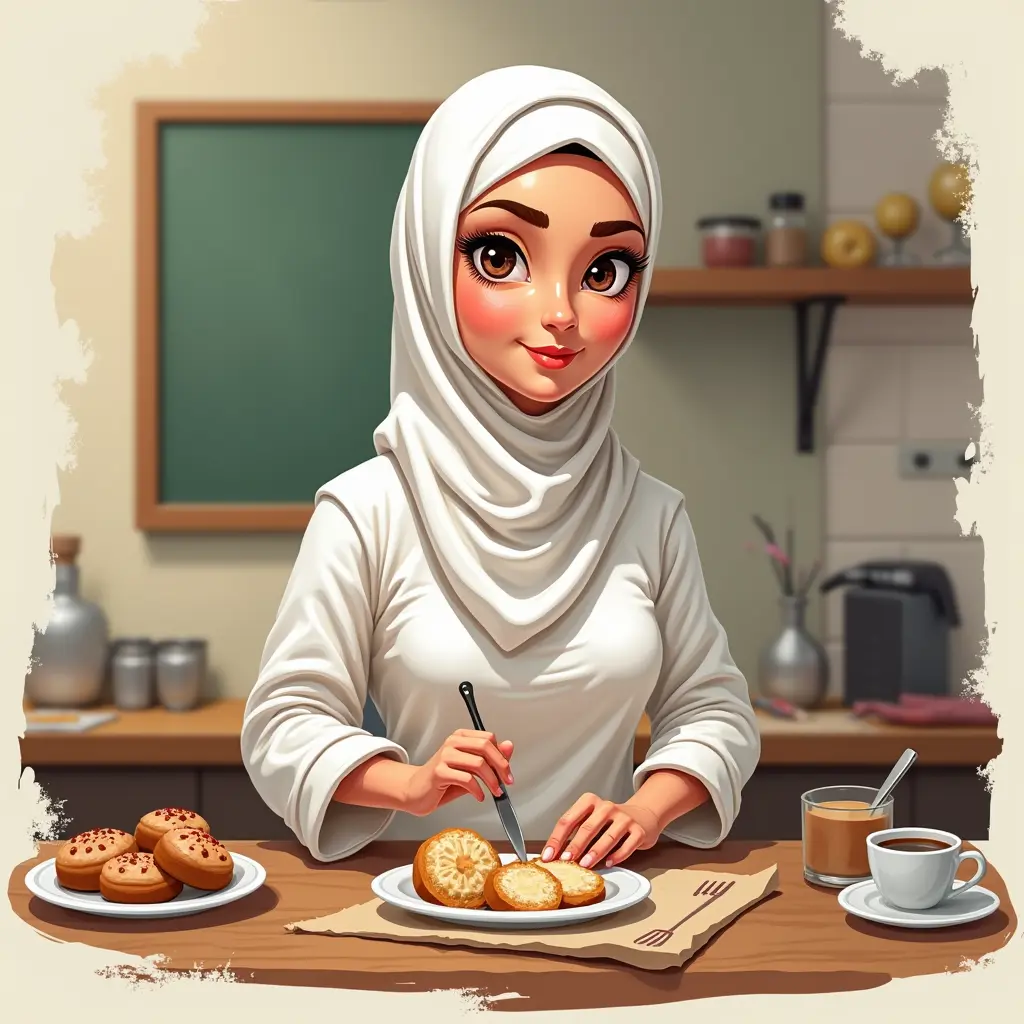 صورة كاريكاتورية لفتاة محجبة تعمل أستاذة داخل مركز التكوين المهني بالمغرب ofppt شعبة الخبازة وهي في حصة تدريبية لطلابها في كيفية صناعة حلوى