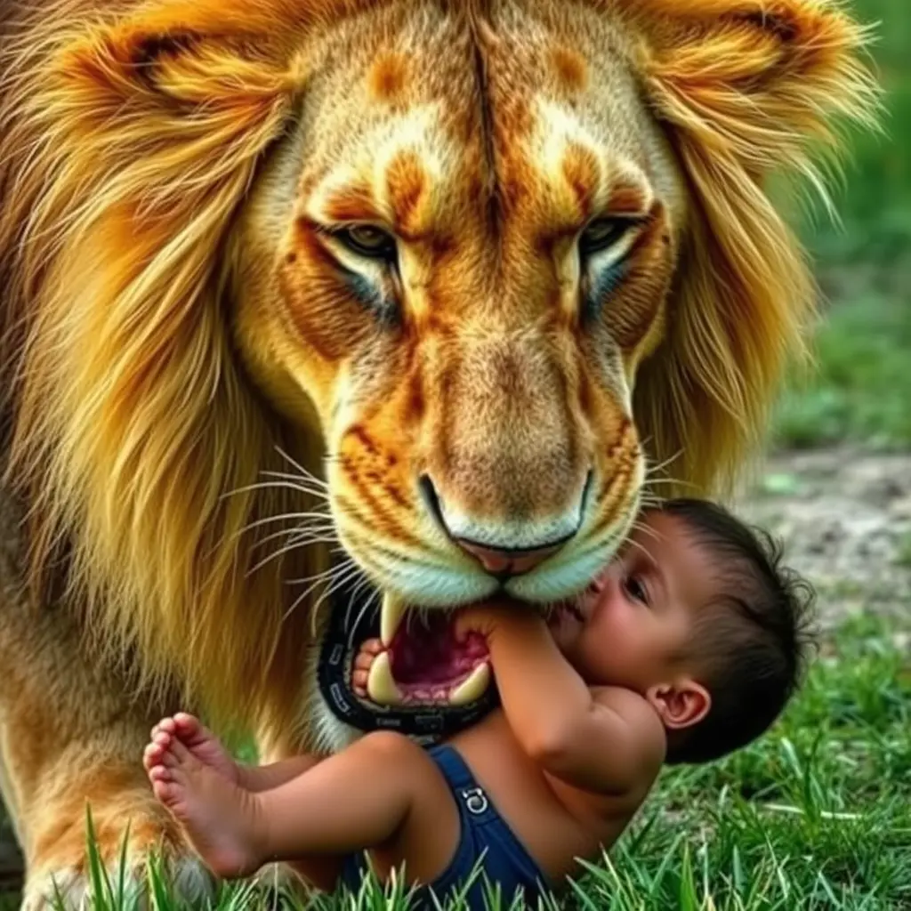 اسد ياكل طفل صغير