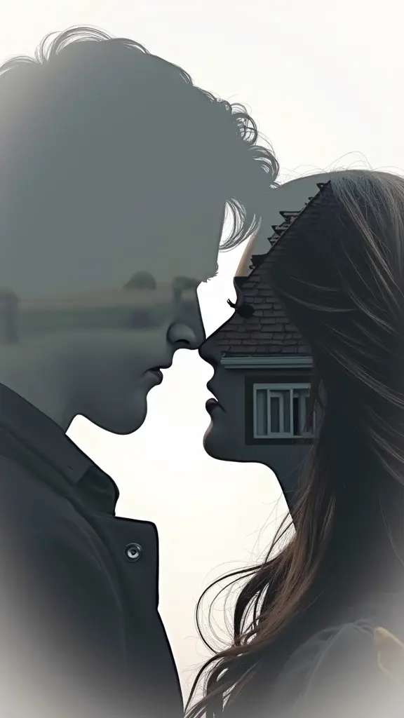 تداخل ظلين لوجه رجل و إمراة خيال الرجل رمادى و المرأة أبيض فى تناغم يوحى بحبهما لبعض مع خلفية لبيت قديم .