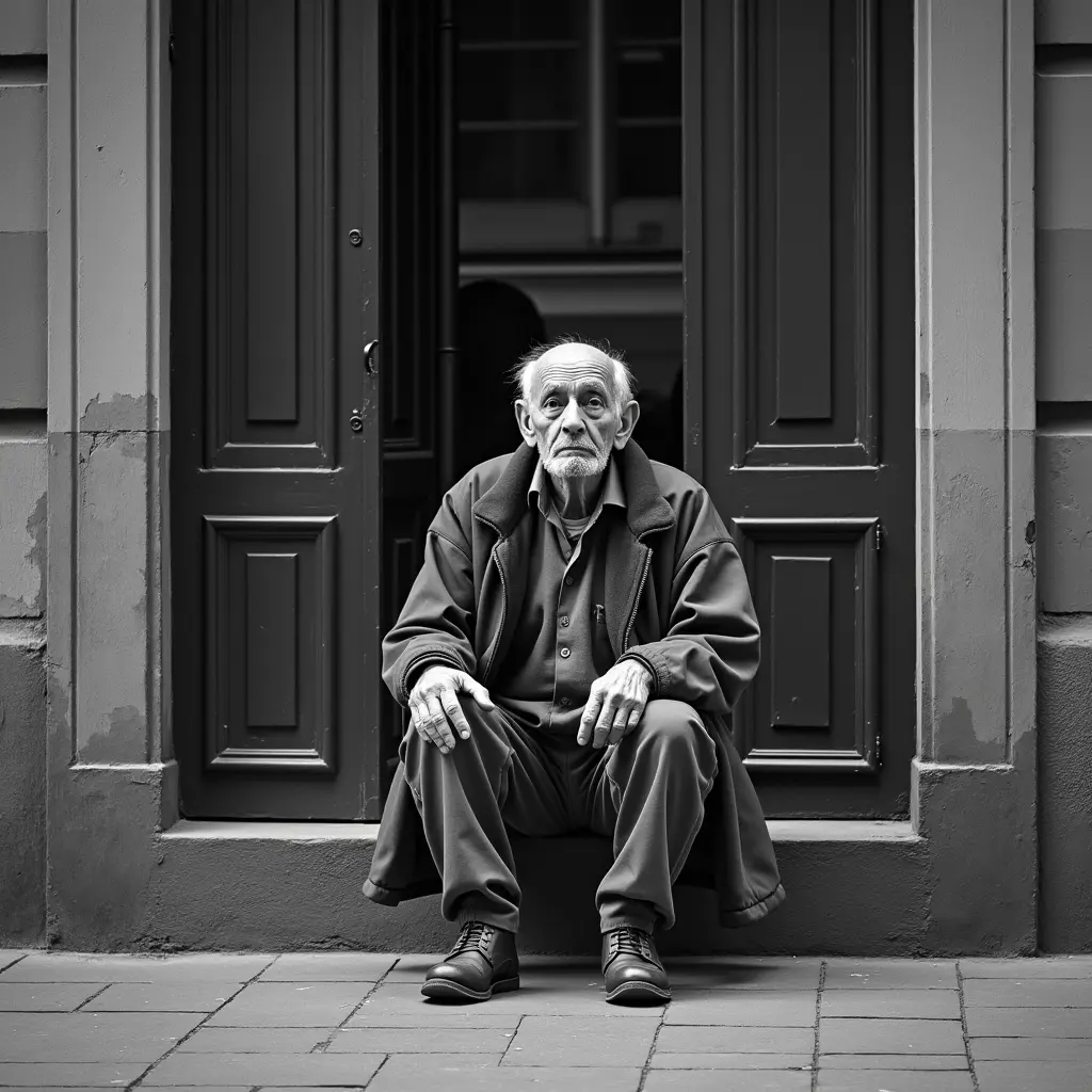 رجل عجوز يجلس امام الشارع و انظر الي ناس بحزن و صوز تكون ابيض و اسود