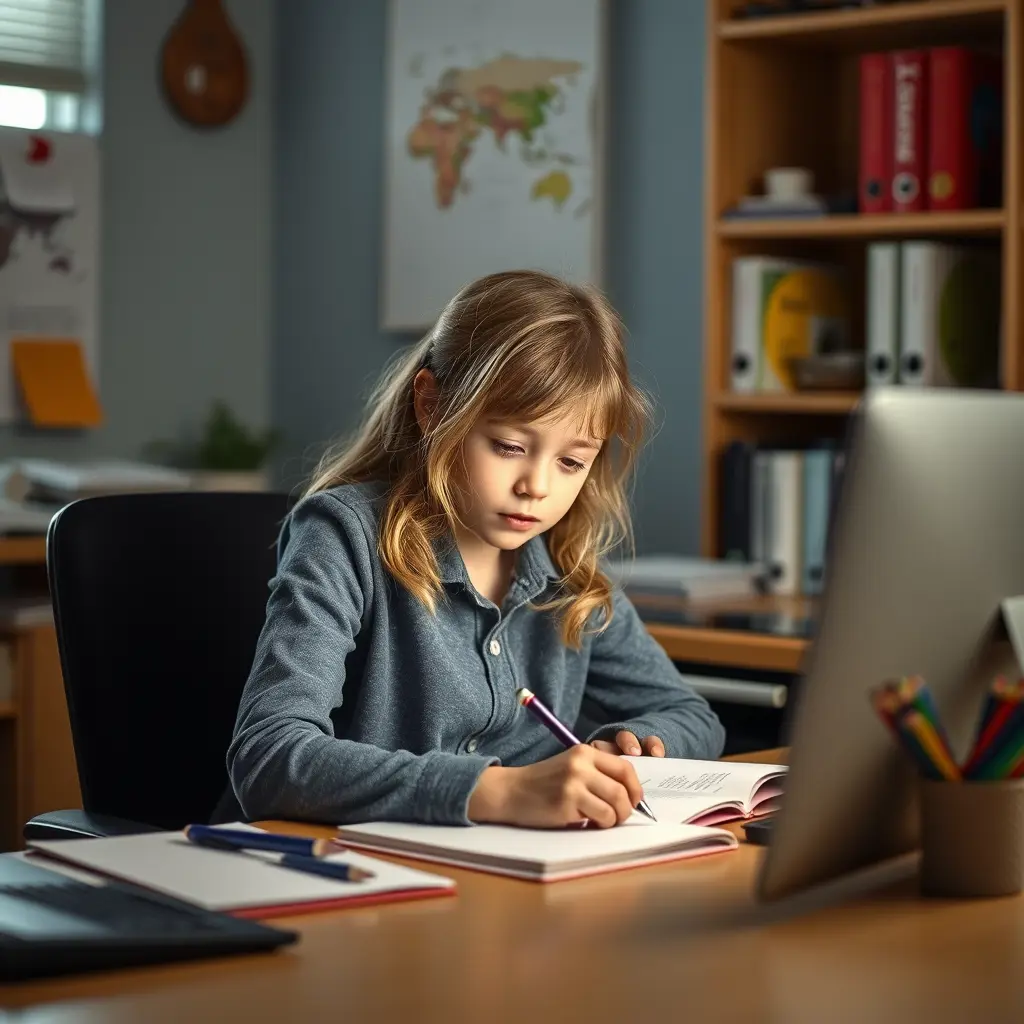 بنت تذاكر في غرفة المكتب