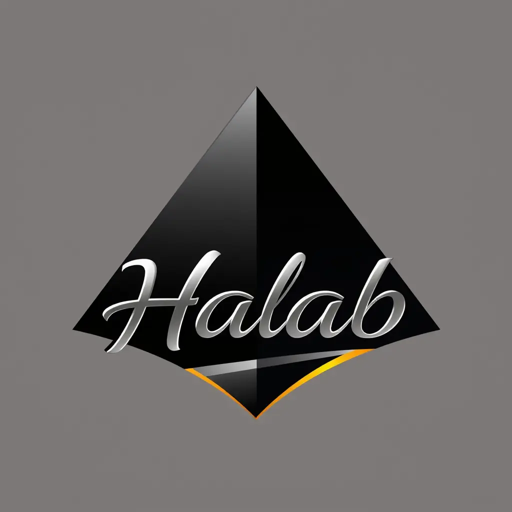 لوجو من هرم ويكون خط مائل اسفل الهرم الالوان الاسود الداكن والفضي والاصفر الداكن تكون كلمة Halab متصلة ومنحنيه و يكون حجم الخط رفيع
يكون ثلاثي الابعاد بشكل فخم