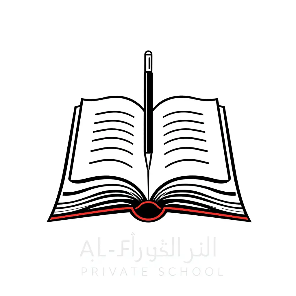 شعار لمدرسة اسمها مدرسة الفضيلة الخاصة عبارة عن كتاب مفتوح وقلم واسم المدرسة أسفل الكتاب باللغة العربية